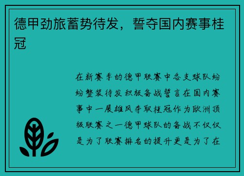 德甲劲旅蓄势待发，誓夺国内赛事桂冠