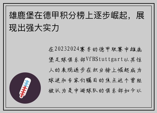 雄鹿堡在德甲积分榜上逐步崛起，展现出强大实力